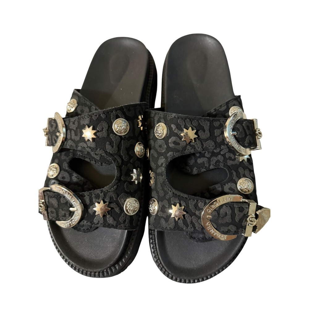Vittorio Ventura Studded Black Leather Flats Sz 37 Gothic Emo Edgy Flatbed